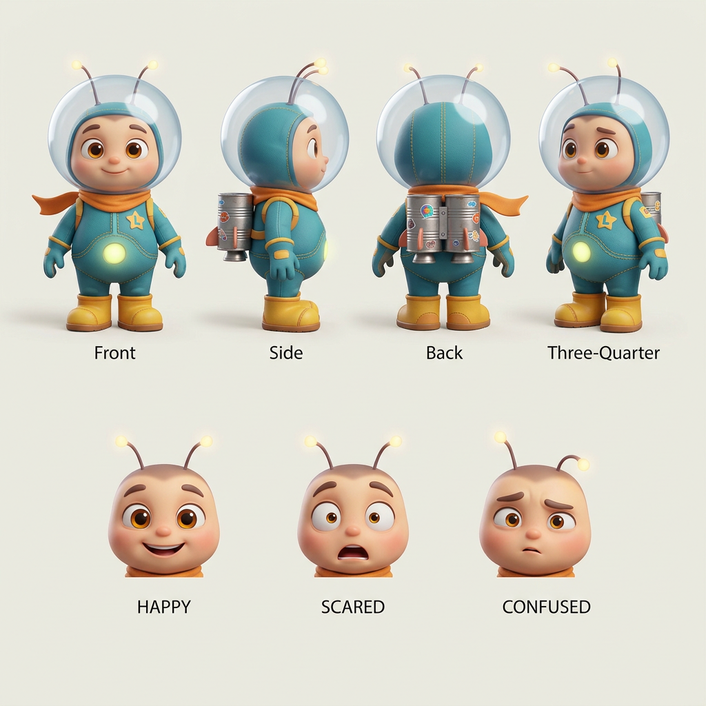 Original child-friendly 3D character sheet with front, side, back and expression views.